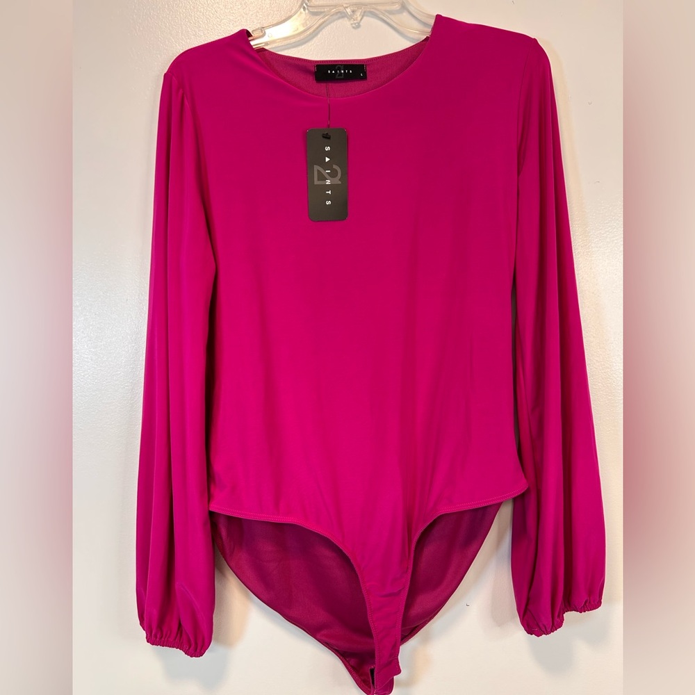 21 Saints Pink‎ Long Sleeve Bodysuit Crew neck Elastic Wrists Women's Large